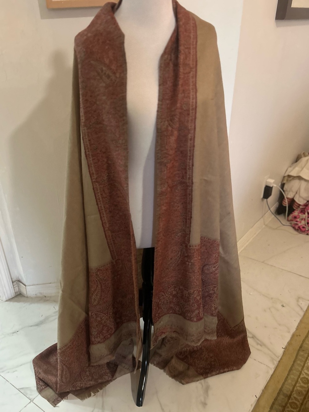 Vilntage 100% Pure Pashmina Shawl Wrap Scarf India Beige Rust Paisley Fringe 84” - Picture 6 of 7